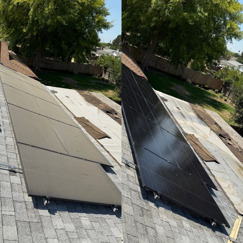 Side-by-side before and after: dust-caked solar panels beside the same array cleaned to a deep black shine